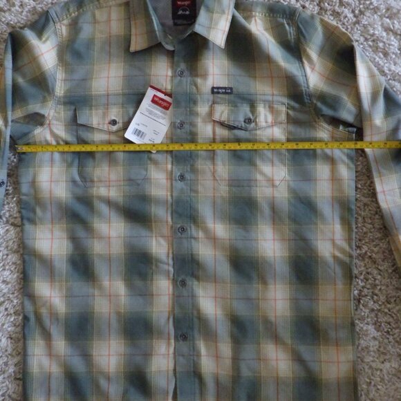 NWT Wrangler Mens Long Sleeve Dress Shirt Sz Lg Plaid Western Green Beige Pocket - Picture 8 of 9